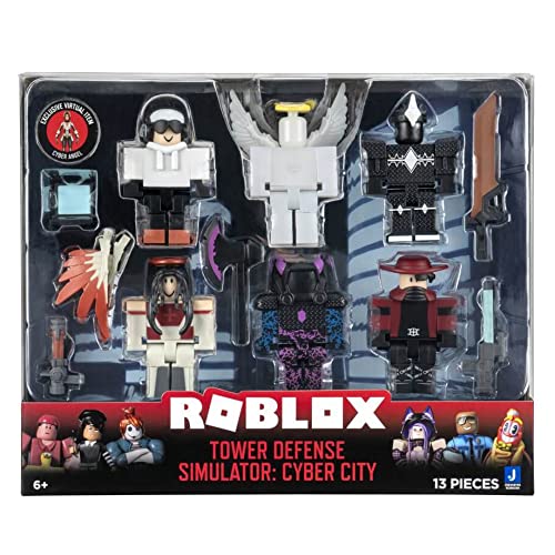 Roblox Action Collection - 타워 디펜스 시뮬레이터: 사이버 시티 식스 피겨 팩 [Includes Exclusive Virtual Item]