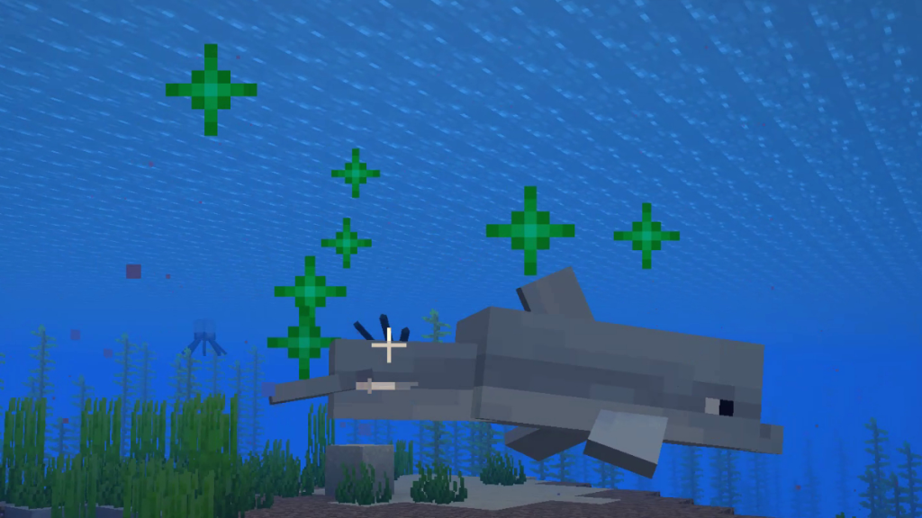 Minecraft에서 돌고래에게 먹이를 준 후 녹색 입자 효과